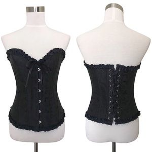 Vintage Lace Up Corset Bustier Lingerie Top Ruffle Trim Black Floral Brocade L